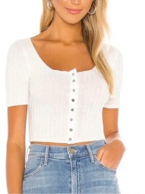 FREE PEOPLE Intimately Cutie Cardi White Ribbed Button-Front Crop Top XS